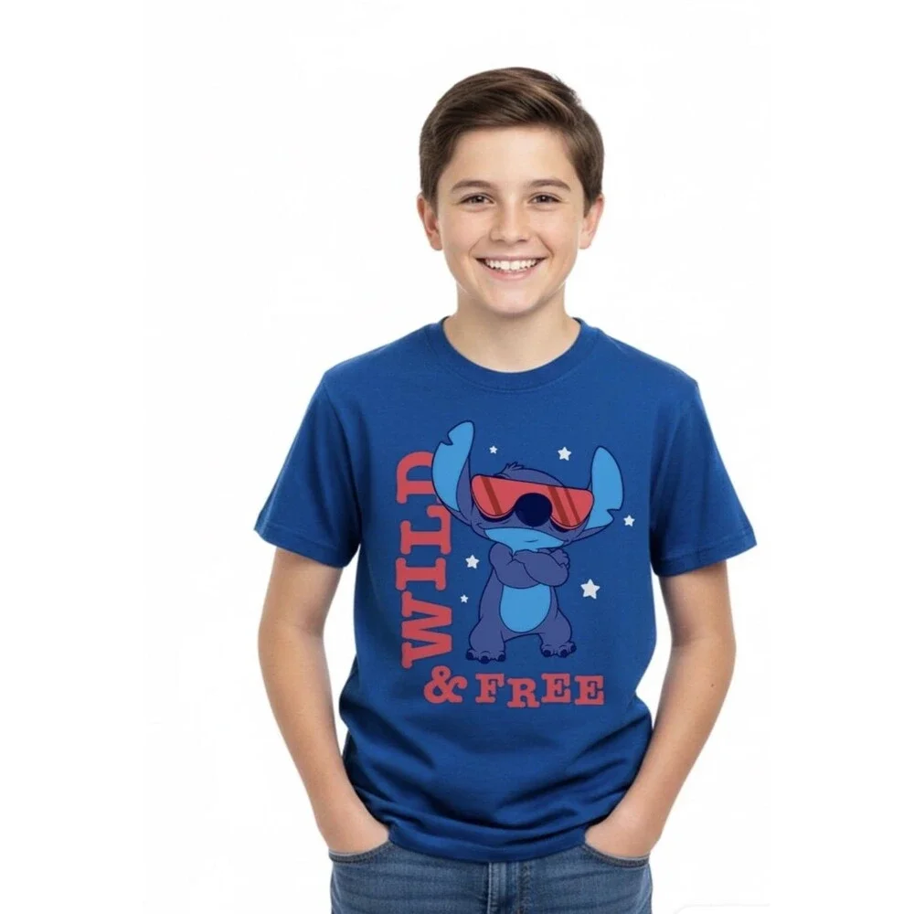 Disney Stitch Wild & Free Unisex Kids XXL 18 Blue Graphic T Shirt NWT